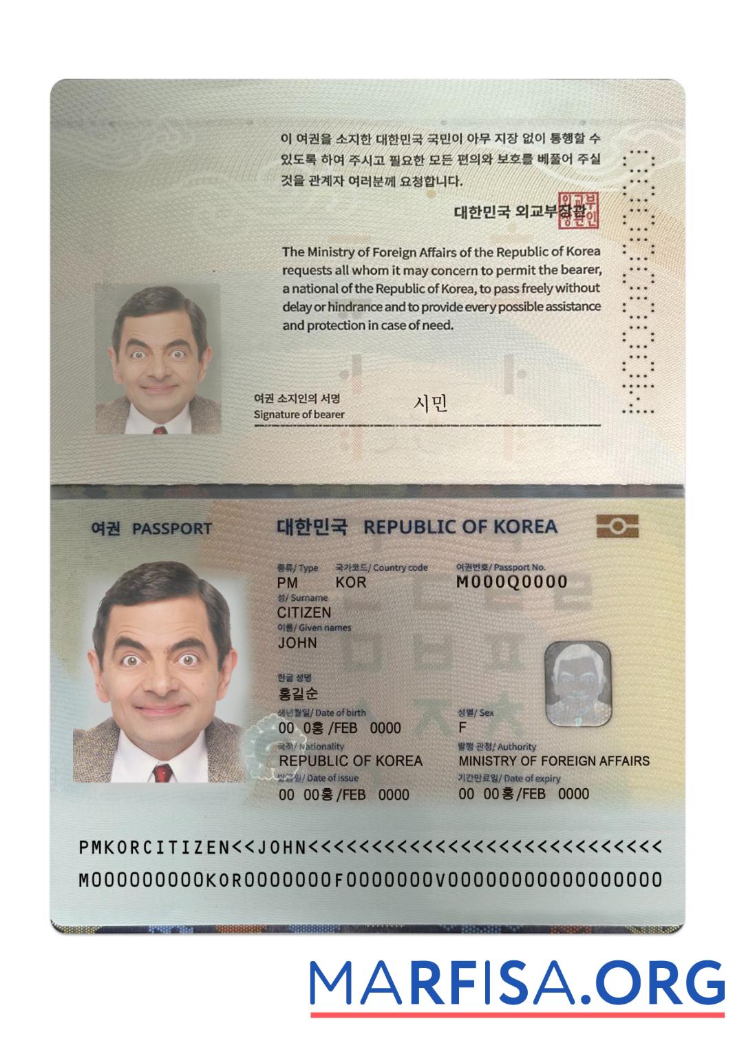 Printable Korea passport 2022 present download for verification